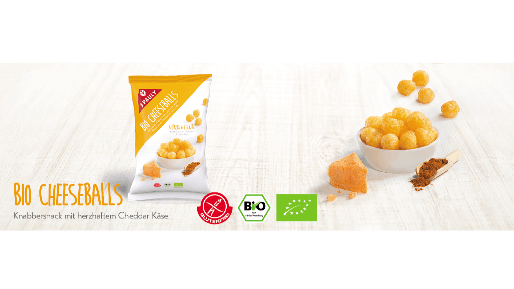 Banner mit Bio Cheeseballs Packung und den Auszeichnungen glutenfrei und bio