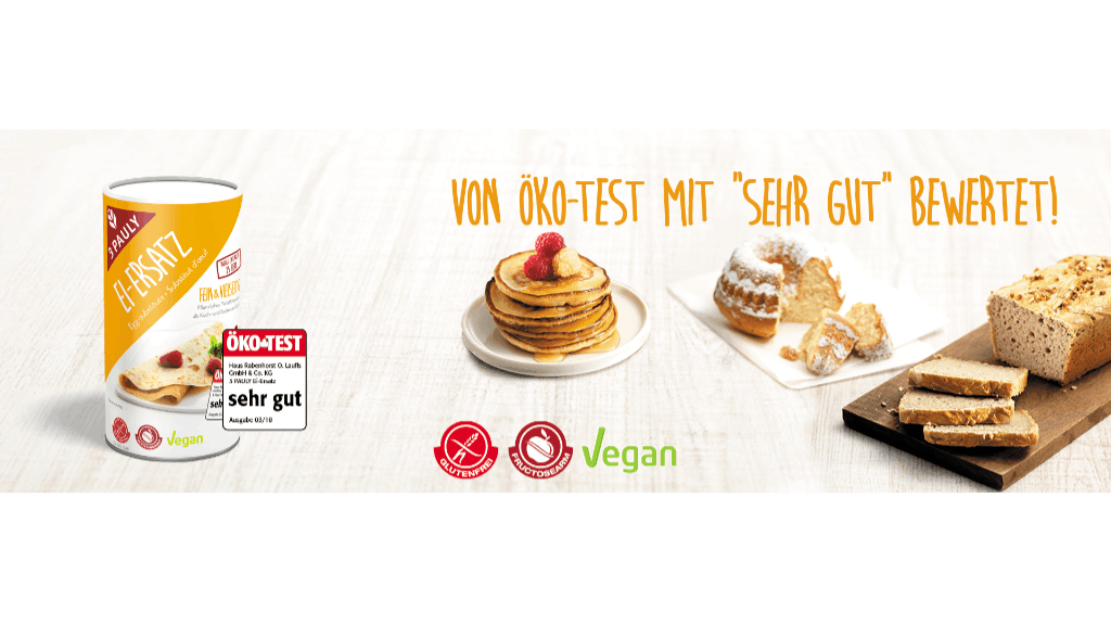 Banner mit Ei-Ersatz Packung und den Auszeichnungen glutenfrei, fruktosearm und vegan