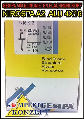 GESIPA 500 BLINDNIETEN FLACHRUNDKOPF NIETEN NIROSTA A2 ALU 4X16 NEU OVP