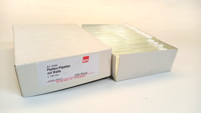 250x Roth E326.1 Pasteur-Pipetten mit Watte 150mm Pipetten Pasteur 150 mm, E326.