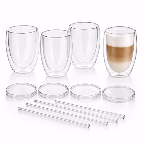 4x Thermoglas Doppelwandige Gläser Deckel und Trinkhalm 350ml