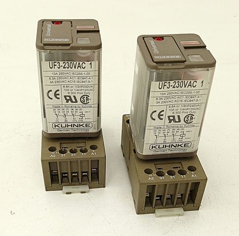 2x Kuhnke Relais UF3-230VAC 1 + 2x Sockel Z348 Universalrelais 10A 