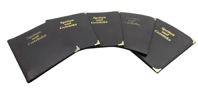 5x Menümappe mit Goldprägung Gummibindung