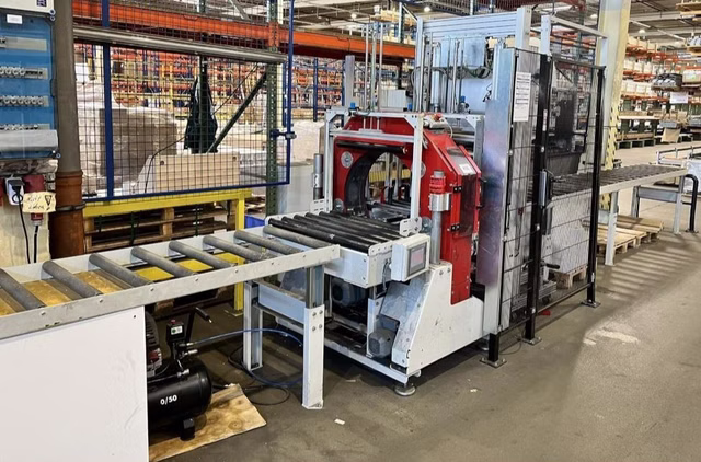 FEV TE600S Wickelmaschine Ø800 11m Rollenbahn Folienwickelautomat