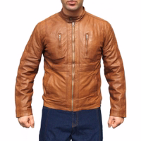 Inner view of Men's Brown Nappa-Leather Jacket featuring hidden zip pockets and push-buttons on the neck. Made from soft lamb nappa leather for ultimate comfort. Designed by German Wear. In stock, Free next day delivery