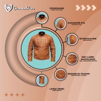 Antique brown men’s leather jacket by German Wear, crafted from premium lamb nappa leather with zipper closure, snap fasteners at neck, chest & waist zip pockets, inside pocket, soft comfort fit, elegant antique pattern, versatile fashion wear.