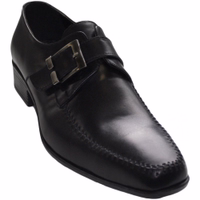 Side view of German Wear men’s business shoes in genuine black cowhide leather. Elegant slip-on low shoes with buckle detail, handcrafted smooth finish, soft footbed, and durable rubber sole. Perfect formal and office wear shoes.