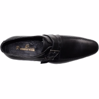 Top view of German Wear handcrafted men’s black leather slip-on shoes. Made of 100% genuine cowhide leather with smooth elegant design, soft inner lining, comfortable footbed, and classic moccasin style for business and office wear.