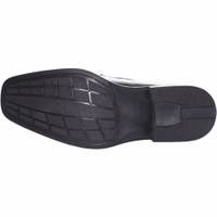 Down view of German Wear business shoes for men crafted from genuine black cowhide leather. Showcasing durable profiled rubber sole for grip, long-lasting comfort, and sleek handcrafted style. Elegant slip-on shoes for formal use.