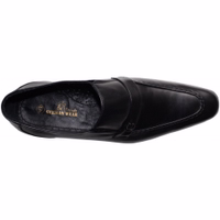 Inner view of traditional black moccasin shoes made from 100% cowhide leather. Features include a block heel, rubber sole, and standard sole width, with text indicating 'German wear' on the interior.