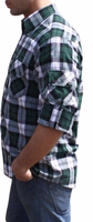Side view of the outdoor hunting shirt green plaid, featuring long sleeves, classic collar, and high-quality breathable cotton polyester blend. A durable hunting shirt for men, combining traditional style with rugged outdoor functionality.