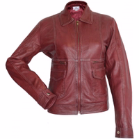 Front view of jacket, Discover luxury with women Red leather jacket. Crafted from 100% lamb nappa leather, this jacket features a front zip, sleeve buttons, and multiple pockets. Designed by German Wear, it's a stylish and functional choice.