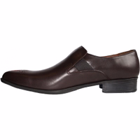 A side view of premium cowhide leather shoes showcasing their elegant design. These business shoes feature a slip-on style for easy wear and a secure fit. The brown color and standard sole width enhance their sophisticated look.