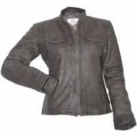 The Front view of a Grey leather motorcycle jacket. Indulge in luxury with a natural leather blazer. Very soft material and comfort, it features practical pockets and a classic button closure. premium product, free return world wide