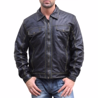 Front view of German Wear men’s leather jacket made of soft lamb nappa genuine leather in black. Features zipper closure, snap fasteners on sleeves, chest and side pockets. A stylish, comfortable, and trendy men’s leather fashion jacket for daily wear.