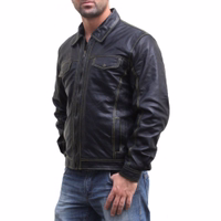 Side view of German Wear men’s genuine lamb nappa leather jacket in black. Soft, durable, and designed for comfort with inside and outside pockets. A trendy men’s motorcycle-style leather jacket, perfect for casual fashion and everyday wear.