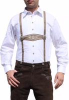 Men’s White Bavarian Traditional Shirt Front view of Men’s White Bavarian Traditional Shirt, featuring a classic collar, button-front closure, subtle shoulder accents, and breathable cotton fabric for authentic Oktoberfest style. Buy online now.