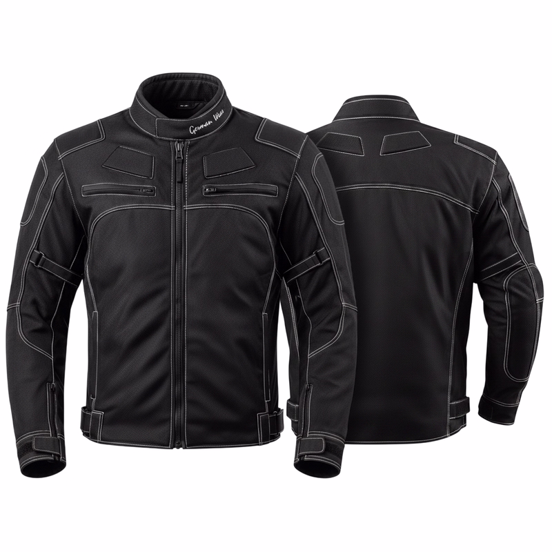 Cordura Textile Jacket Motorbike jacket Men's motorcycle jacket in black showcases front & rear views. It's made of Cordura Textile & equipped with several protectors. Additionally, it features 2side pockets, 2front pockets closed with snaps, & an additional zipper