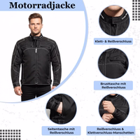 Ride with confidence in this durable Cordura jacket—equipped with full-body protectors, adjustable waist, zip side pockets, and a breathable, removable lining for comfort and control.