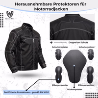 This black Cordura motorcycle jacket features chest, back, shoulder & elbow protectors, zip & Velcro closure, removable lining, and multiple pockets for secure, all-season riding comfort.