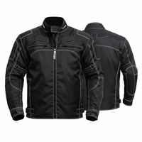 Men's motorcycle jacket in black showcases front & rear views. It's made of Cordura Textile & equipped with several protectors. Additionally, it features 2side pockets, 2front pockets closed with snaps, & an additional zipper