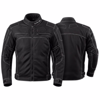 Men's motorcycle jacket in black showcases front & rear views. It's made of Cordura Textile & equipped with several protectors. Additionally, it features 2side pockets, 2front pockets closed with snaps, & an additional zipper