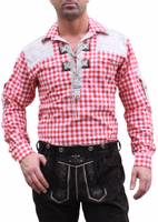 Front View Men’s Traditional Shirt – Red Checkered Bavarian Lederhosen Shirt with Adjustable Sleeves. Authentic OS Trachten Traditional Shirt for Oktoberfest. Buy This Classic Men’s Costume Shirt Online Today for Festive Bavarian Style!
