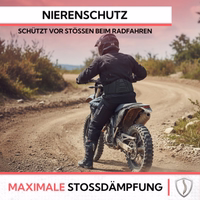 Motorrad-Nieren-Schwarzgurt Motorradfahrer auf einer Straße, der einen schwarzen Nierengurt trägt, mit den Texten „Nierenschutz“, „Schützt vor Stößen beim Radfahren“ und „Maximale Stoßdämpfung“.