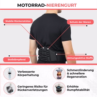 Motorrad-Nieren-Schwarzgurt Person mit schwarzem Motorrad-Nierengurt und Texten zu Rückenstütze, Stoßdämpfung und Nierenschutz