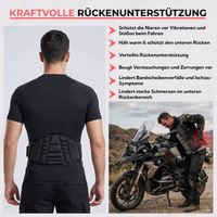 Motorrad-Nieren-Schwarzgurt Person mit schwarzem Nierengurt und Texten zu Rückenunterstützung, Schmerzreduktion und Schutz beim Fahren