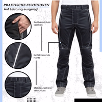 Schwarze Textil-Motorradhose mit Reißverschlusstaschen, reflektierenden Nähten und Frontverschluss