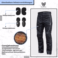 Schwarze Textil-Motorradhose mit herausnehmbaren Hüft- und Knieprotektoren sowie herausnehmbarem Thermofutter