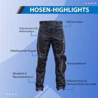 Verbessern Sie Ihr Motorraderlebnis mit der Cordura Textil-Premium-Kombihose von Classic German Wear – Vorder- und Rückansicht. Gefertigt für Langlebigkeit und Komfort, bieten diese wasserdichten Hosen Knie- und Oberschenkelschützer für maximale Sicherheit