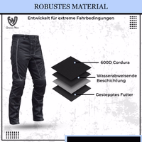 Schwarze Textil-Motorradhose aus 600D Cordura mit wasserabweisender Beschichtung und gestepptem Innenfutter