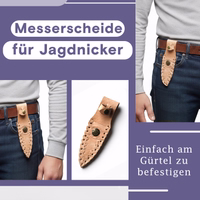 Beige Leder-Messerscheide mit Gürtel­schlaufe, schräge Ansicht mit Seiten- und Rückansicht