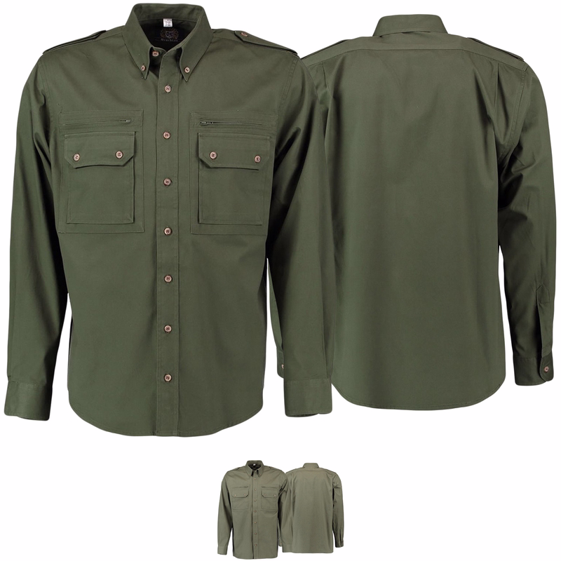 Men's hunting shirt traditional shirt Front and back views of a men’s dark green hunting shirt. Made from 100% cotton, it features an embroidered shark, knotted cuffs, a stylish traditional design, a zipper breast pocket, shoulder flap, and multiple pockets for a blend of fashion and function.