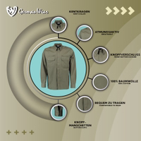 A classic traditional green long-sleeve shirt featuring shoulder epaulettes, a unique knoof breast pocket with a distinctive closure, knoof cuffs, and an extra zipper breast pocket for added practicality.