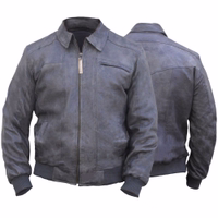 Front and back view of a gray lamb nappa leather jacket with a full front zipper and a single-collar design. Features a polyester lining and an inside chest pocket. Made by German Wear.