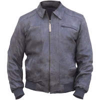 Front view of a gray lamb nappa leather jacket with a full front zipper and a single-collar design. Features a polyester lining and an inside chest pocket. Made by German Wear.