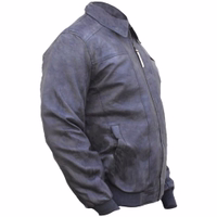 Side view of a gray lambnappa leather motorcycle jacket featuring a full front zipper, made from 100% lambnappa leather with a polyester lining and elastic cuffs.