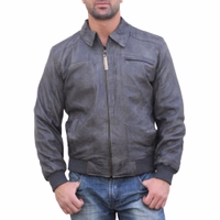 Front view of a sleek lambnappa leather jacket featuring a full-length zipper, crafted from 100% lambnappa leather with a comfortable polyester lining. The jacket includes elastic cuffs, long sleeves, and showcases a single-color design.
