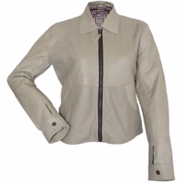Ladies leather blazer leather jacket blazer genuine leather jacket lamb nappa leather. Front view of jacket, Discover luxury with women beige leather jacket. Crafted from 100% lamb nappa leather, this jacket features a front zip, sleeve buttons, and multiple pockets. Designed by German Wear, it's a stylish and functional choice.