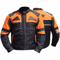 In black and orange, the men's Cordura motorcycle jacket showcases both front &rear views. It's outfitted with protectors for arms, elbows, chest, shoulders, &back. Additionally, it includes two front side pockets with hidden zippers