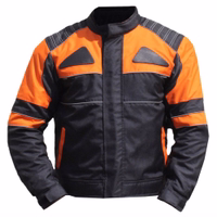 Men's motorcycle jacket Black/Orange color in front view design. Crafted from water-repellent cordura polyester, it features zipper &velcro closures at the end. Equipped with protectors, it also boasts a stand-up collar for added style &protection
