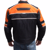The Cordura textile motorcycle jacket in Black/Orange displays its rear view design, fortified with protectors for arms, shoulders, elbows, chest, and back. It boasts water resistance and wind repellency.