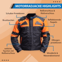 Men's motorcycle jacket in Black/Orange front view, crafted from polyester with inner lining. Shoulder, chest, arm, elbow, back protectors, zipper & Velcro cuffs. Features chest pockets, windproof/water repellent, reflective piping, side pockets.