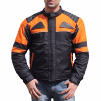 The men's motorcycle jacket in Black/Orange color showcases a front view design with zipper &Velcro closures. It is equipped with shoulder, elbow, chest, arms,& back protectors. Additionally, it features reflectors on the piping for enhanced visibility.