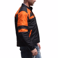 Men's motorcycle jacket in Black/Orange, showcasing arm view design. Crafted from water-repellent cordura polyester, equipped with protectors. Complete zipper& Velcro closure, 20cm Combi connector for trousers