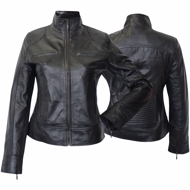 Damen-Lederblazer – Lederjacke aus echtem Lammnappa-Leder Vorder- und Rückansicht des Premium-Blazers aus schwarzem Lammnappa-Leder, Trend 430J. Für Komfort und Langlebigkeit gefertigt, ideal für den Alltag. Jetzt bestellen – kostenlose weltweite Rückgabe und Lieferung am nächsten Werktag.