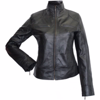 The Front view of a black leather motorcycle jacket. Indulge in luxury with a natural leather blazer. Very soft material and comfort, it features practical pockets and a classic button closure. premium product, free return world wide